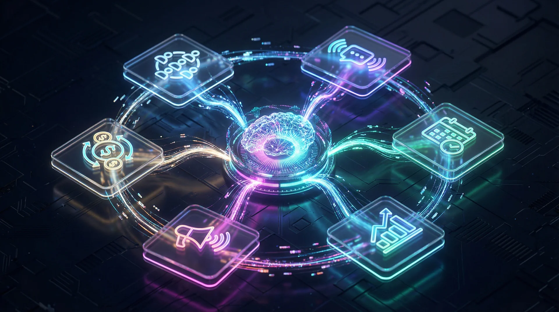 AI automation hub connecting DMs, scheduling, analytics, content, and revenue optimization
