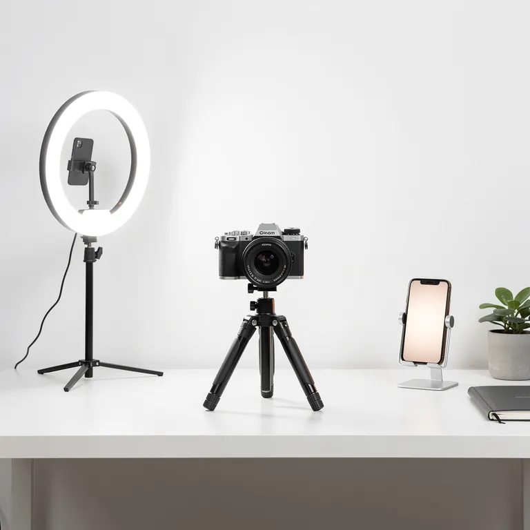A creator desk with a ring light, camera and phone