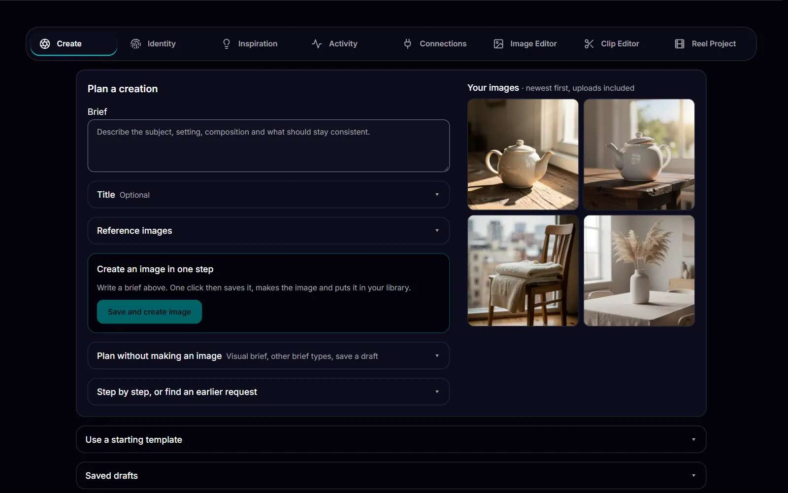 OnlyPro Studio: a brief box and Create on the left, Your images on the right with four images made in Studio